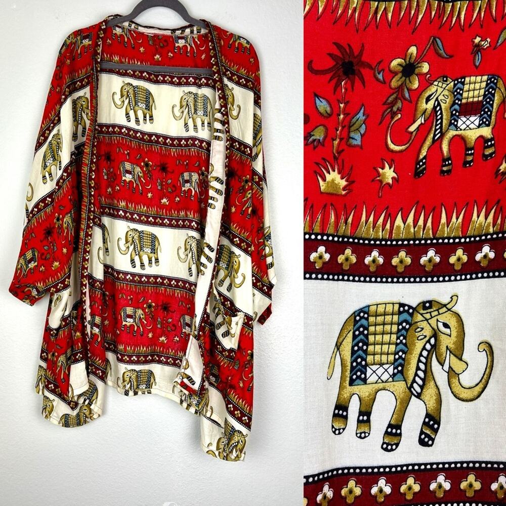 Boho Red Beige Flowy 100% Rayon Elephant Print Kimono with Pockets Vacation OS